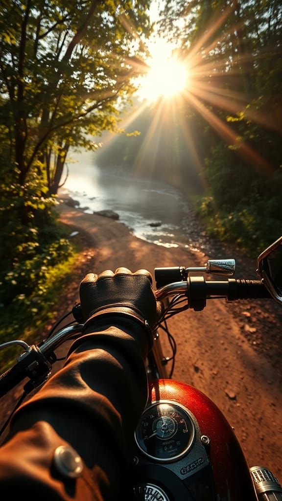 Vintage Motorcycle Cruises Through Serene Forest Landscape