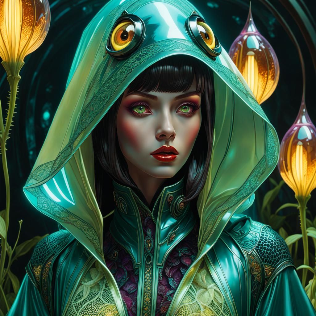 Siberian Woman in Futuristic Robes with Plants