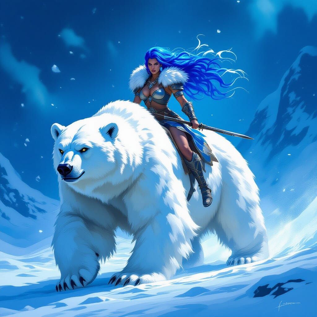 Amazon Warrior Rides Ice Bear in Epic Fantasy Style