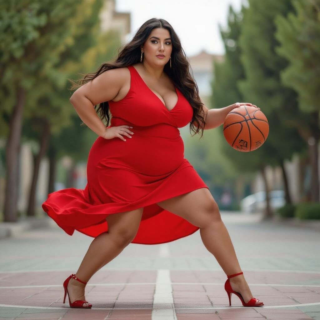 Obese Greek Woman in Red Dress Plays Basketball