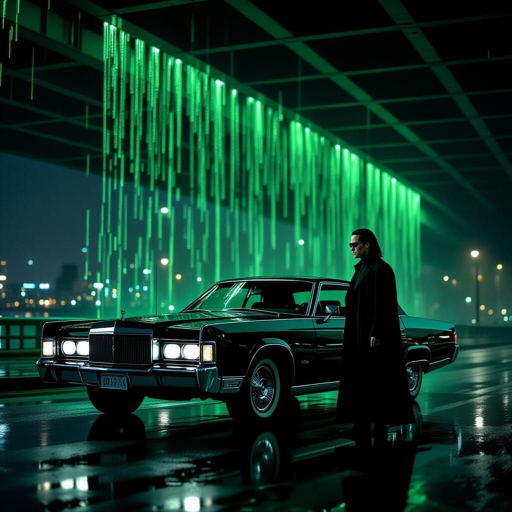 Neo in The Matrix: Green Digital Rain Scene
