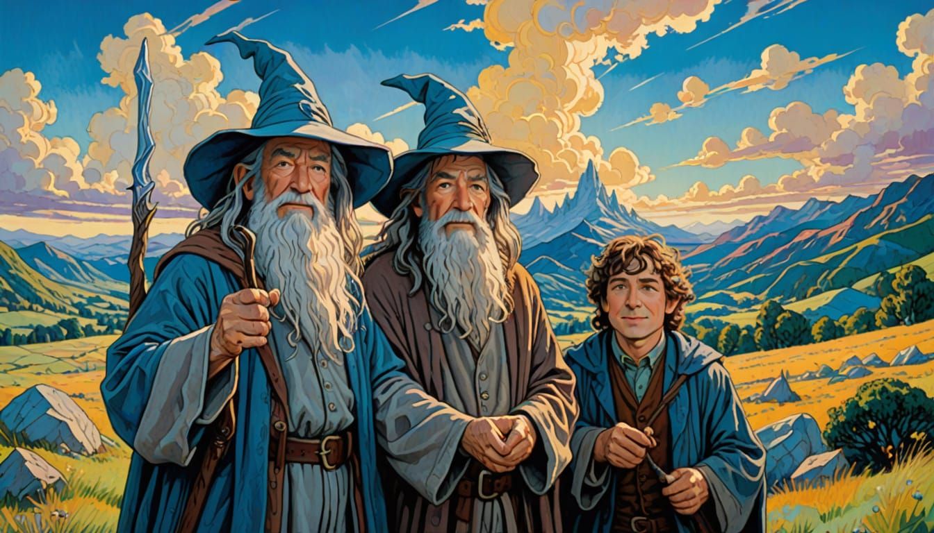 Majestic Scene of Gandalf and Bilbo in a Bright Blue Sky