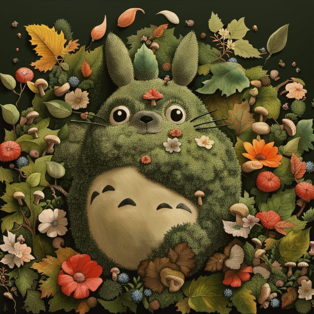 Totoro Sculpture with Surreal Botanical Elements