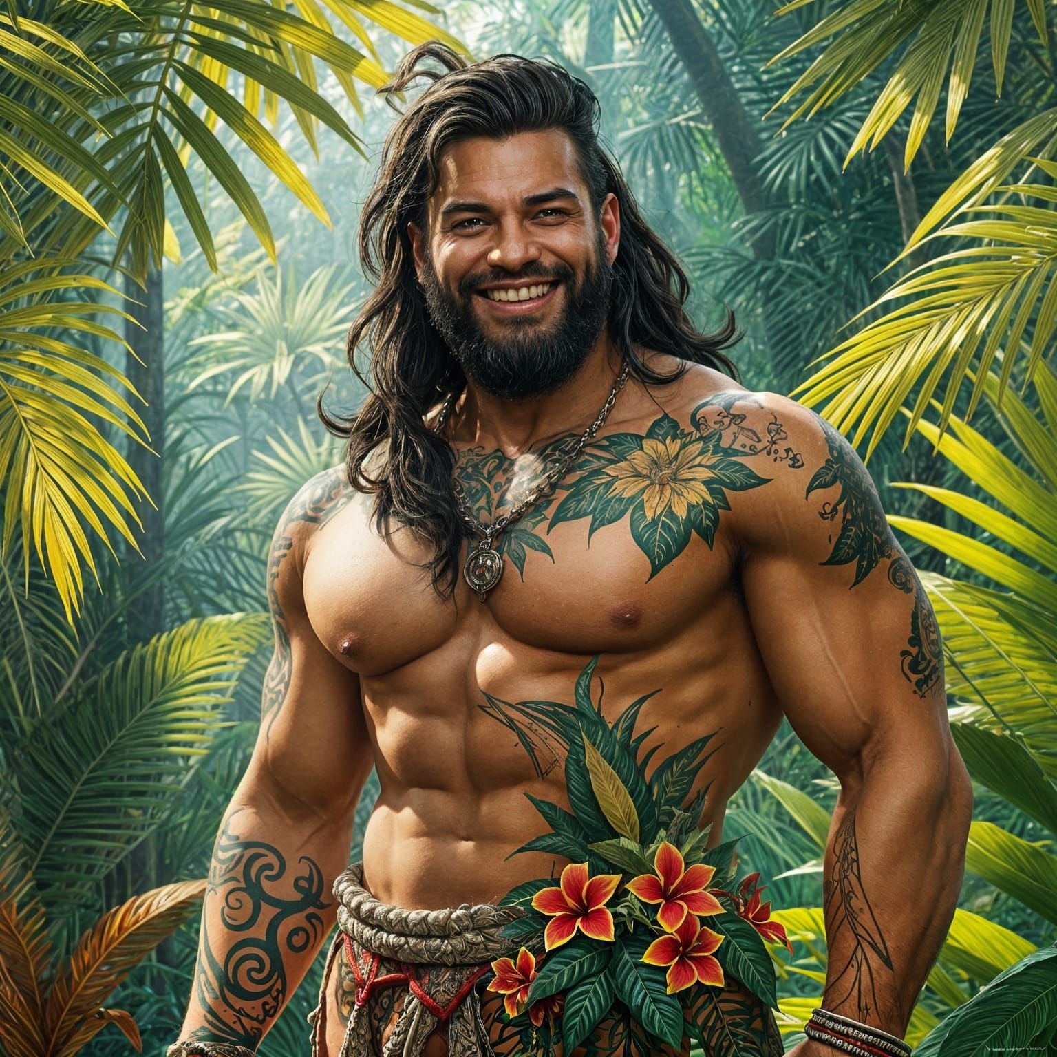 Tropical Man with Tribal Tattoos in Hyperrealistic Style
