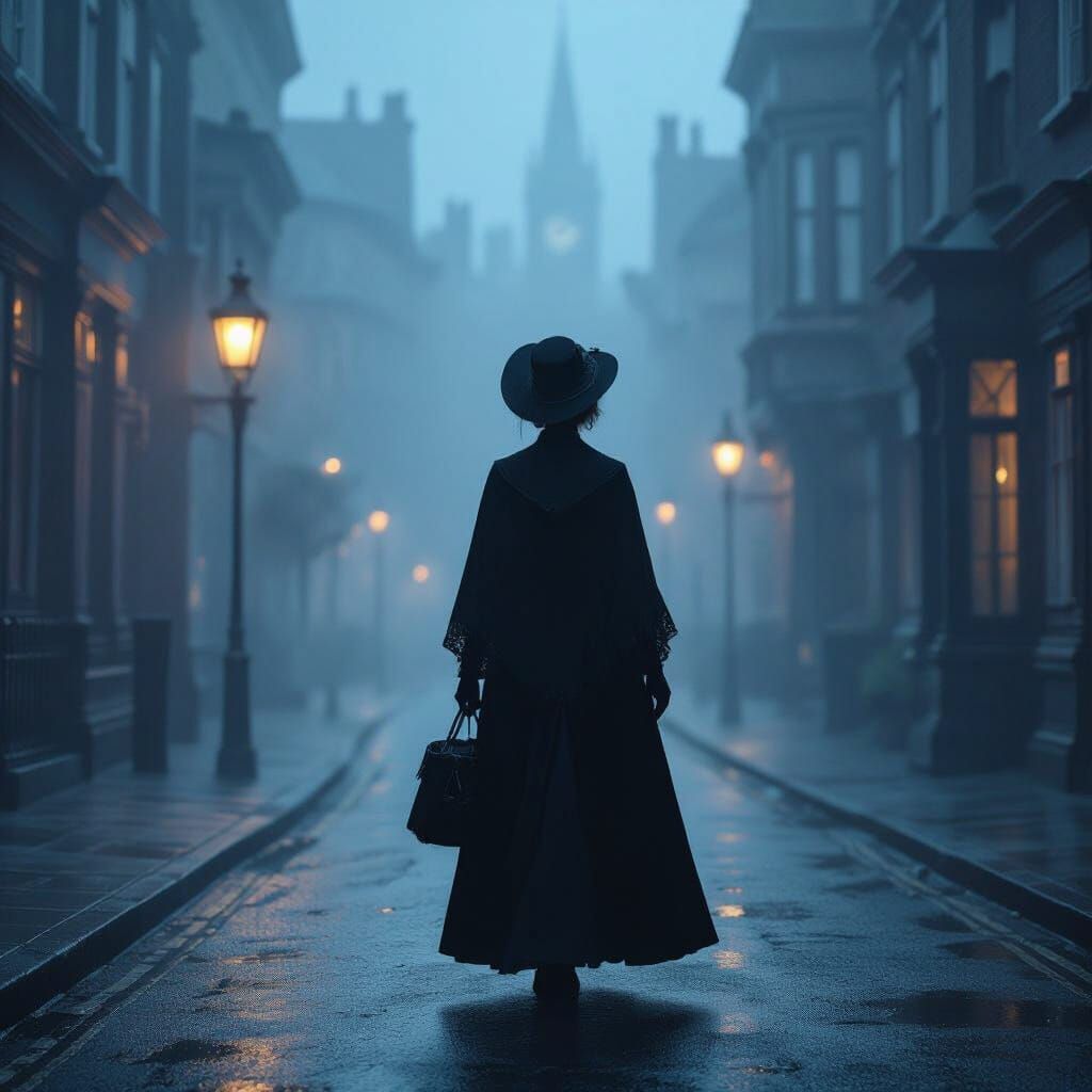 Victorian Lady on Foggy Street in Cinematic Style