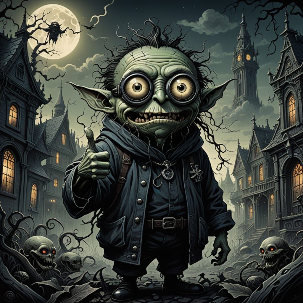 Dark Whimsical Cherub Gives Thumbs-Up in Victorian-Era Style