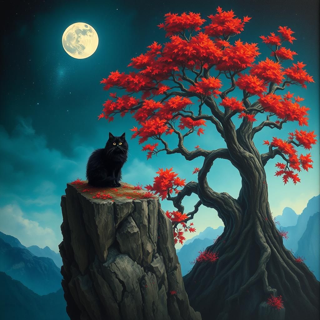 Black Cat and Autumn Tree Surreal Painting