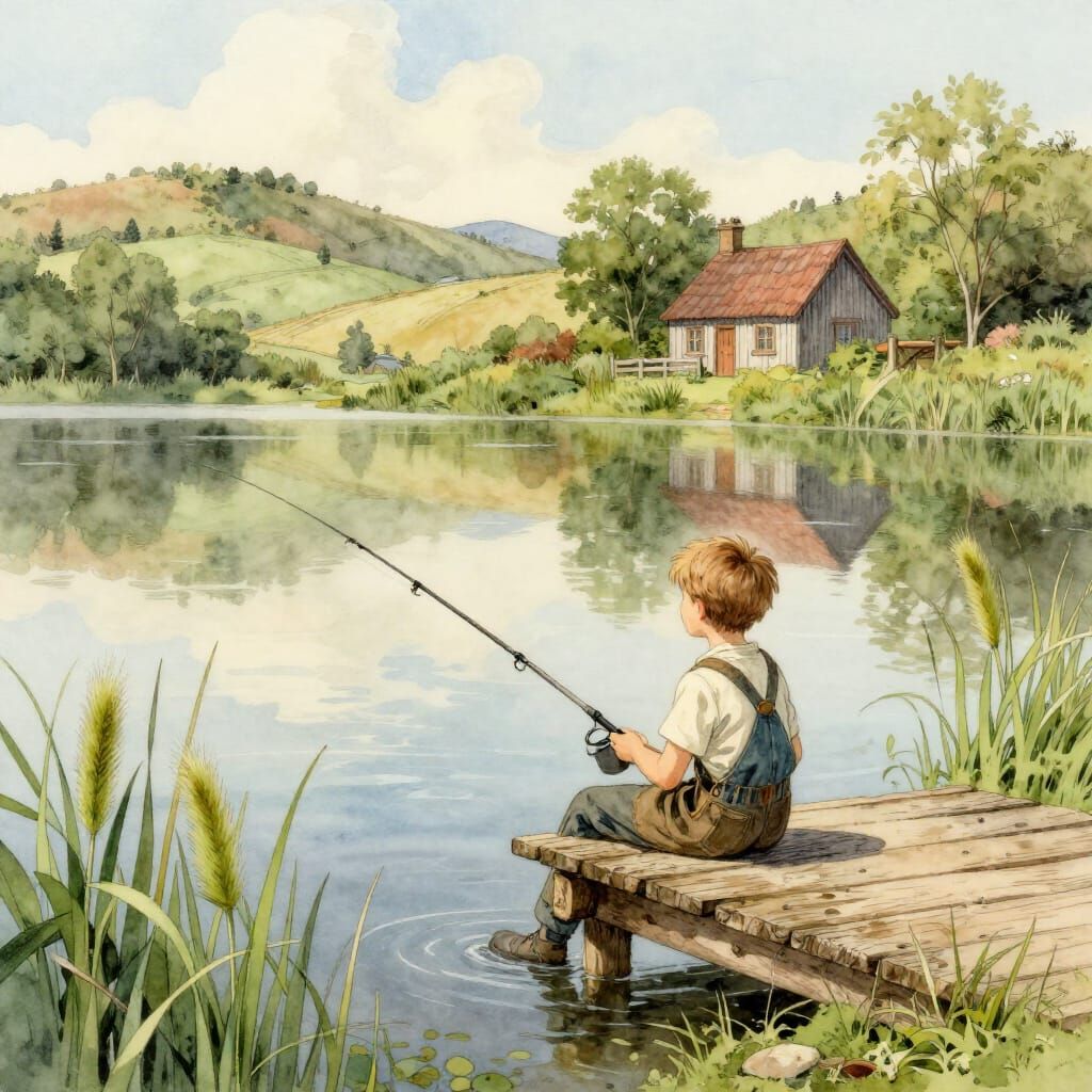 Boy Fishing by Tranquil Lake in Storybook Style
