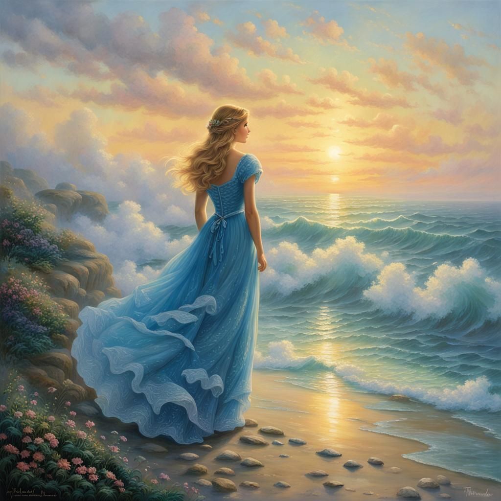 Blonde Woman Gazing at Sunrise in Ethereal Style