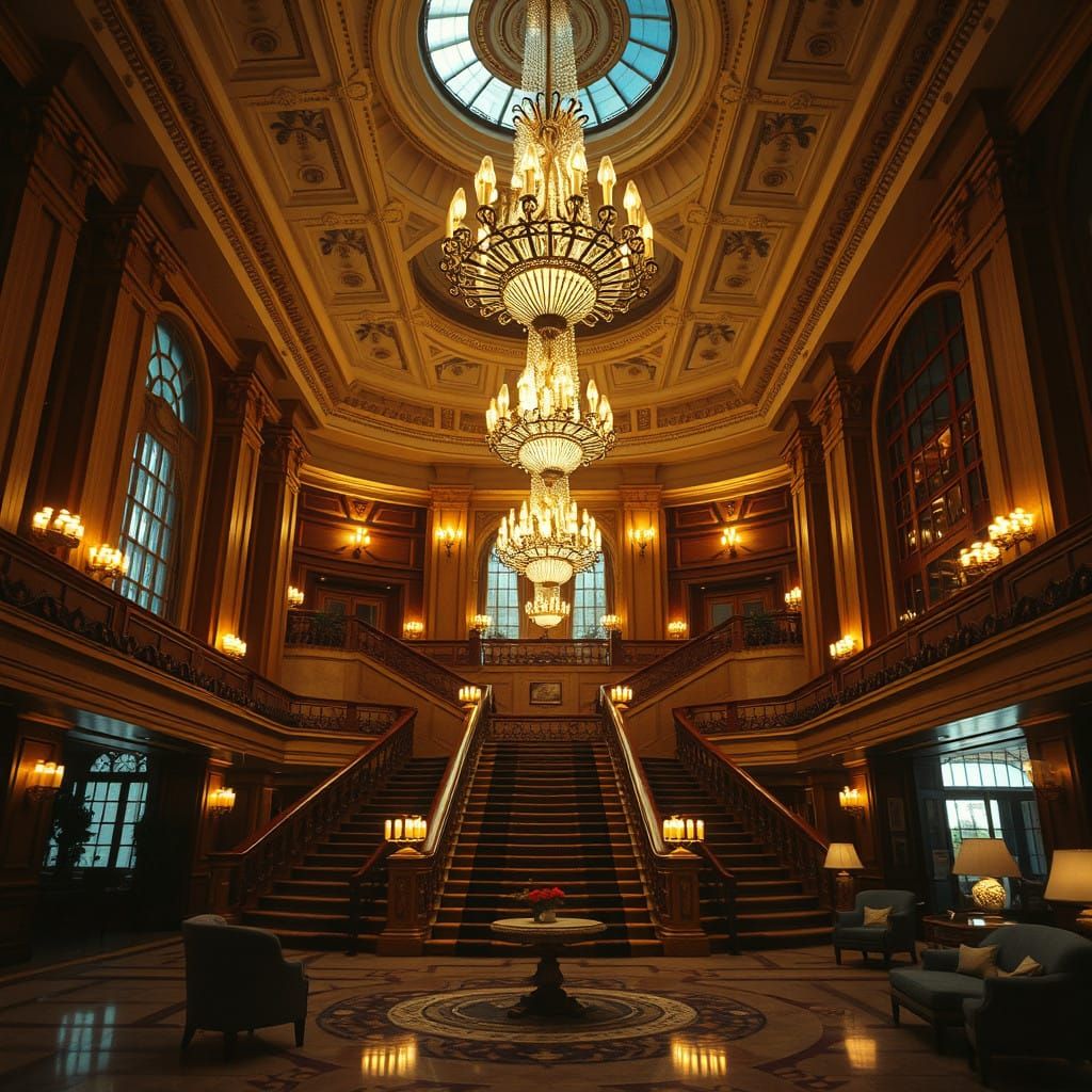 Ethereal Grand Hotel Lobby with Sweeping Staircase and Opule...
