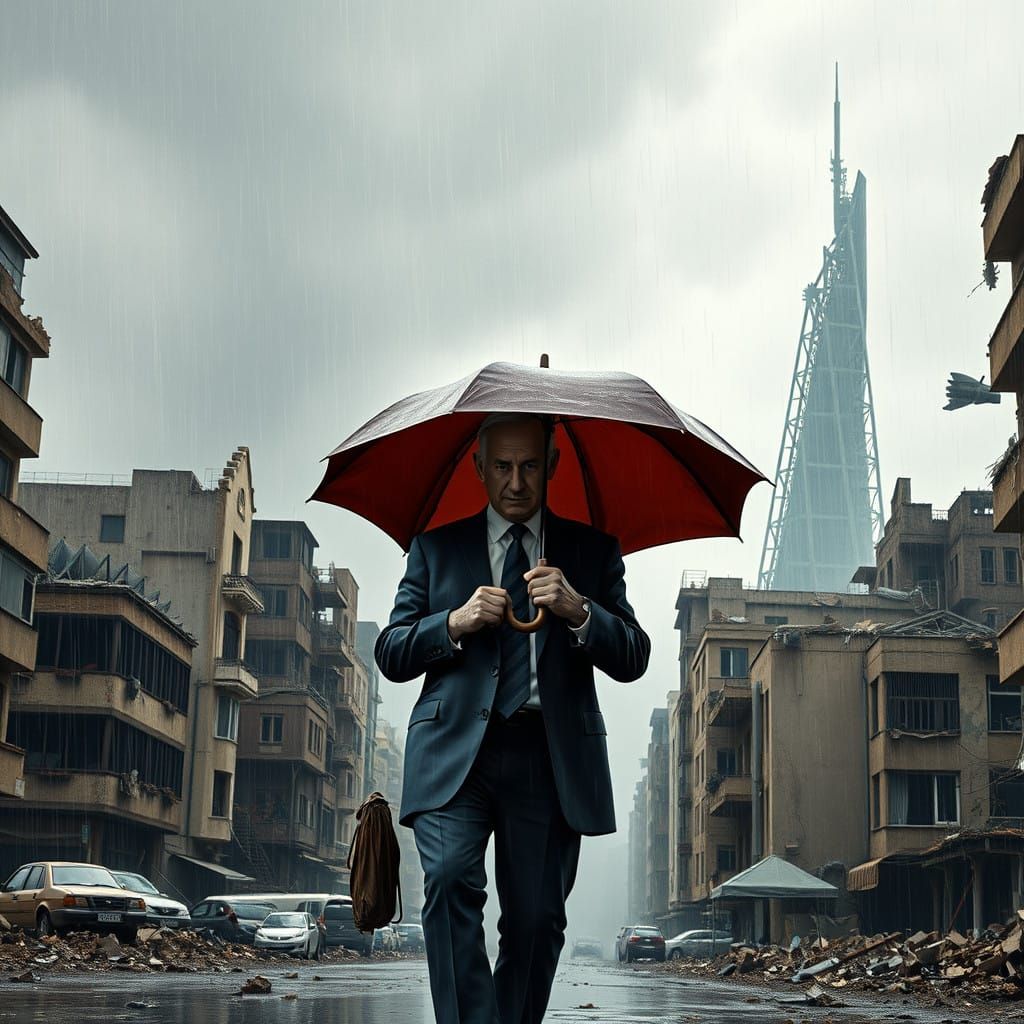 War-Torn Cityscape Under Rainy Umbrella in Cyberpunk Style