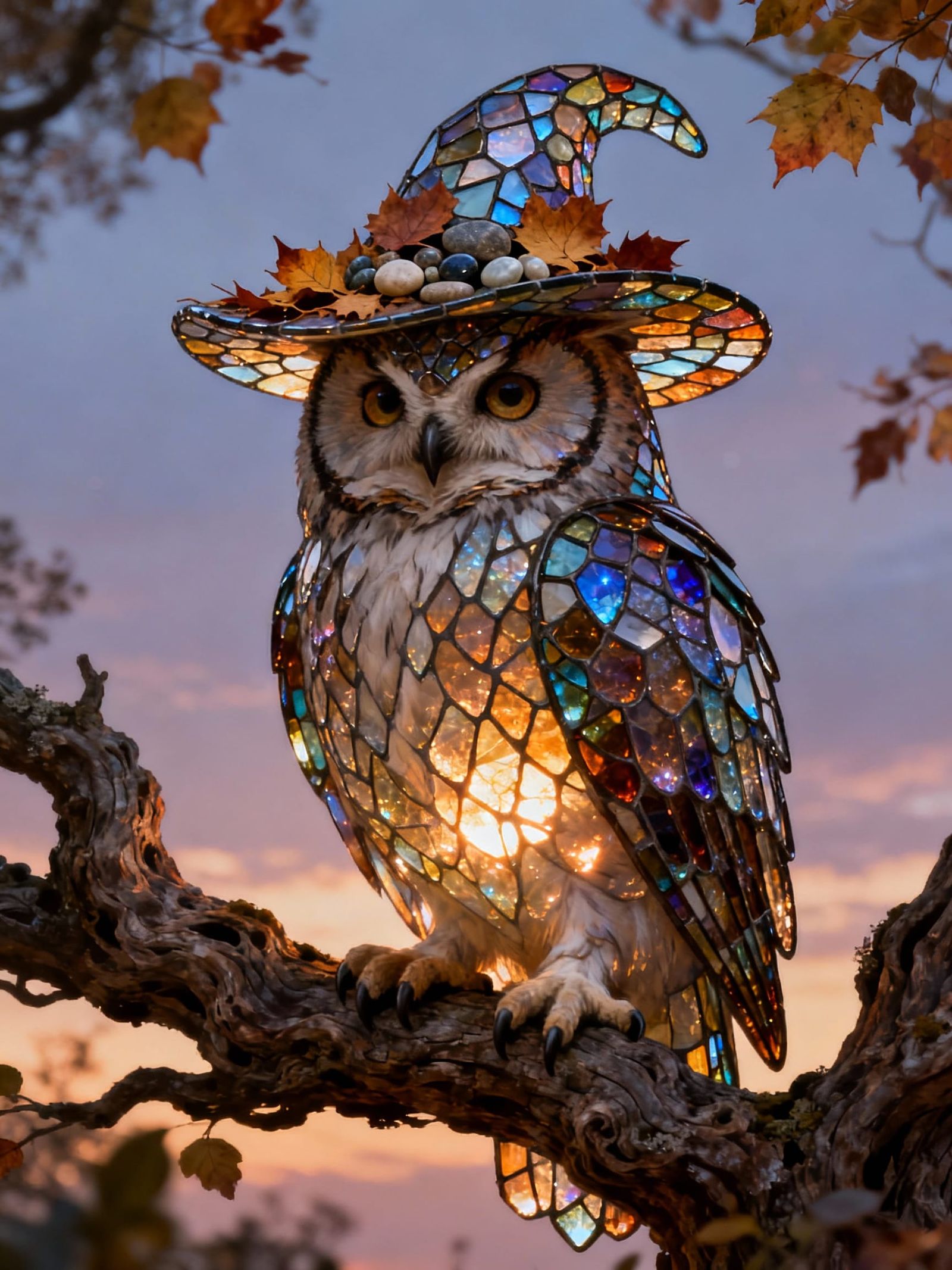 Majestic Owl with Stained Glass Feathers in Twilight