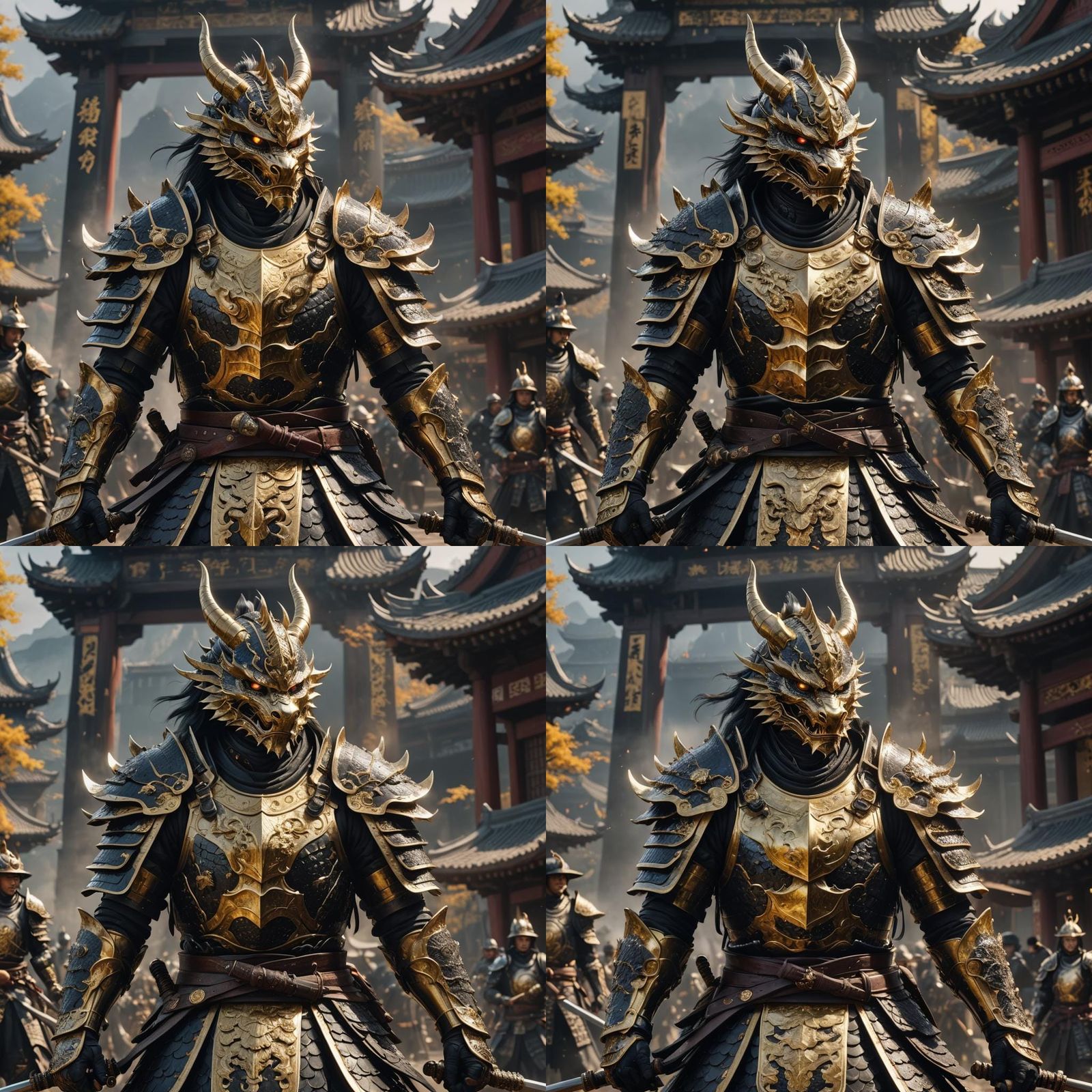 Fantasy Samurai Dragon Knight in Black and Gold