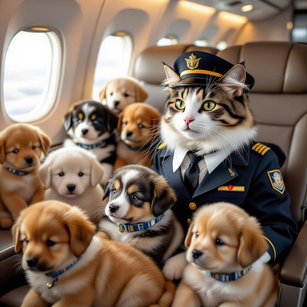 Cat Pilot Flying Puppy Cargo Plane