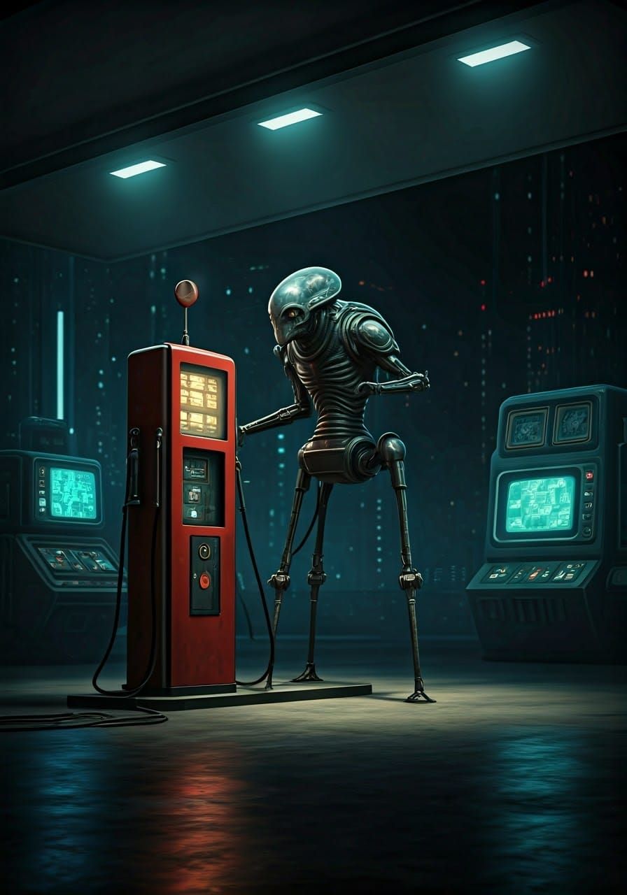 Retrofuturistic Alien Refuels Vehicle at Gas Station