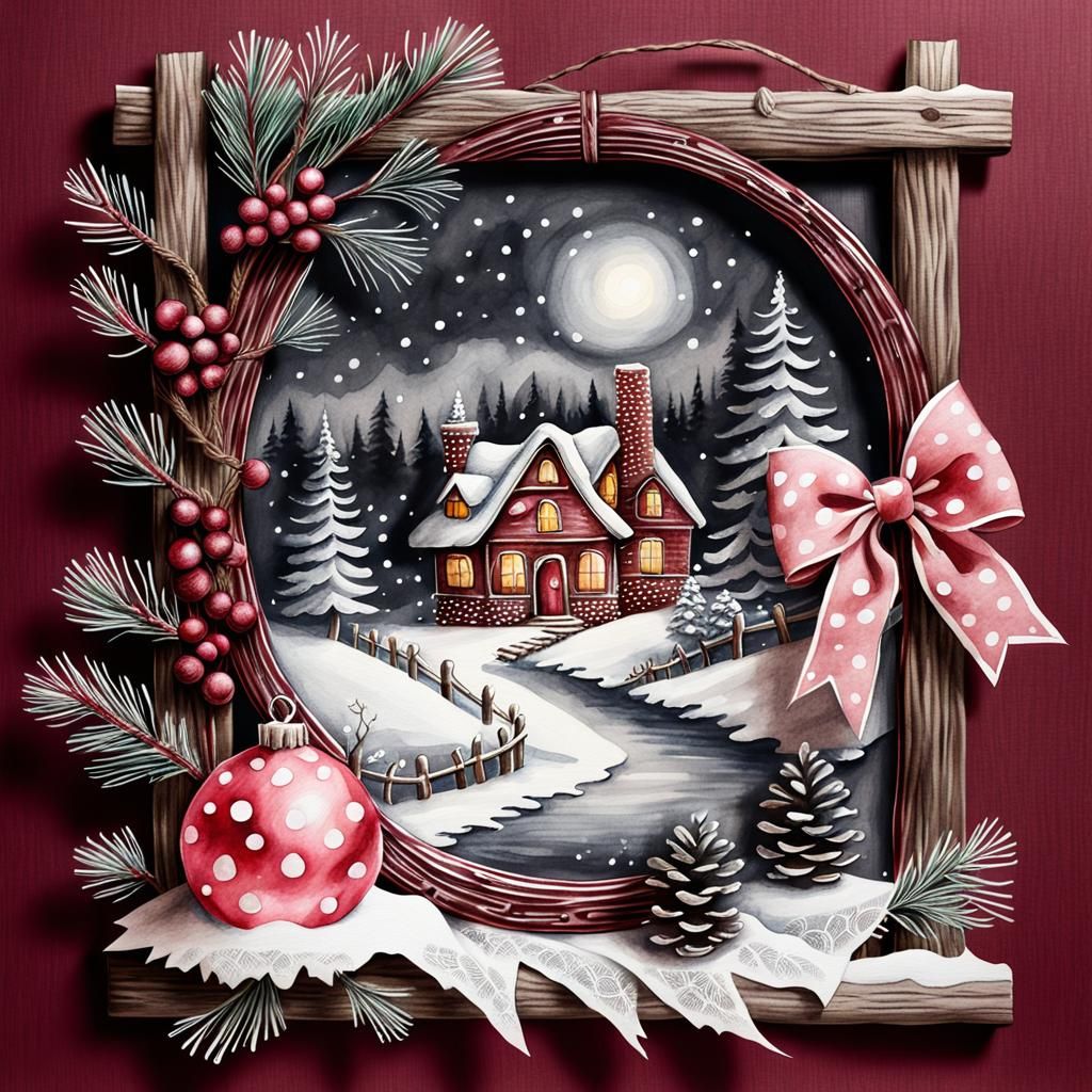 Christmas Village Watercolor in Wicker Frame