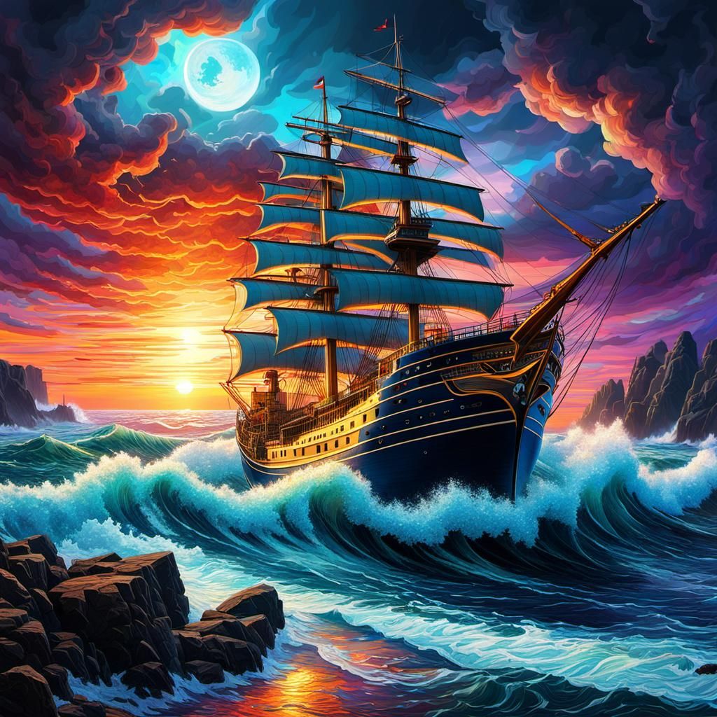 Stormy Sunset at Rocky Coast: Astral Cosmic Illustration