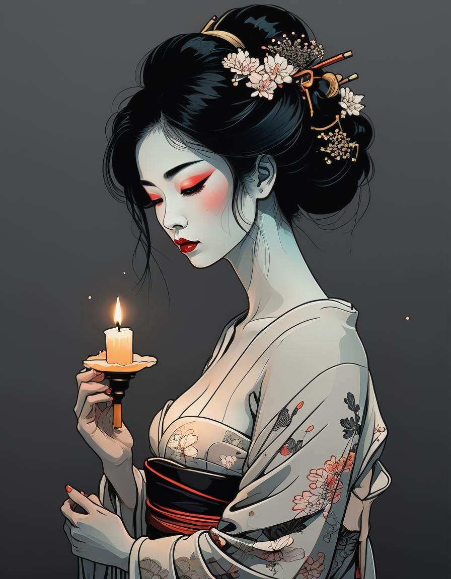 Geisha with Candle in Bioluminescent Line Art