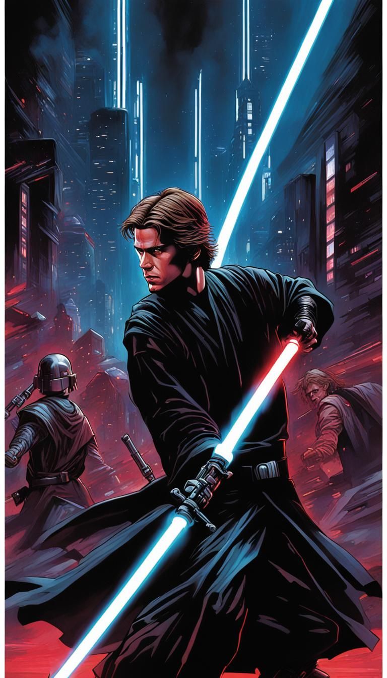 Anakin Skywalker in Cyberpunk City at Night