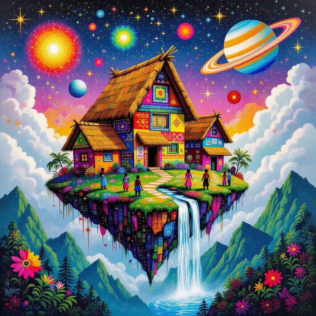 Floating Village in Psychedelic Abstract Style