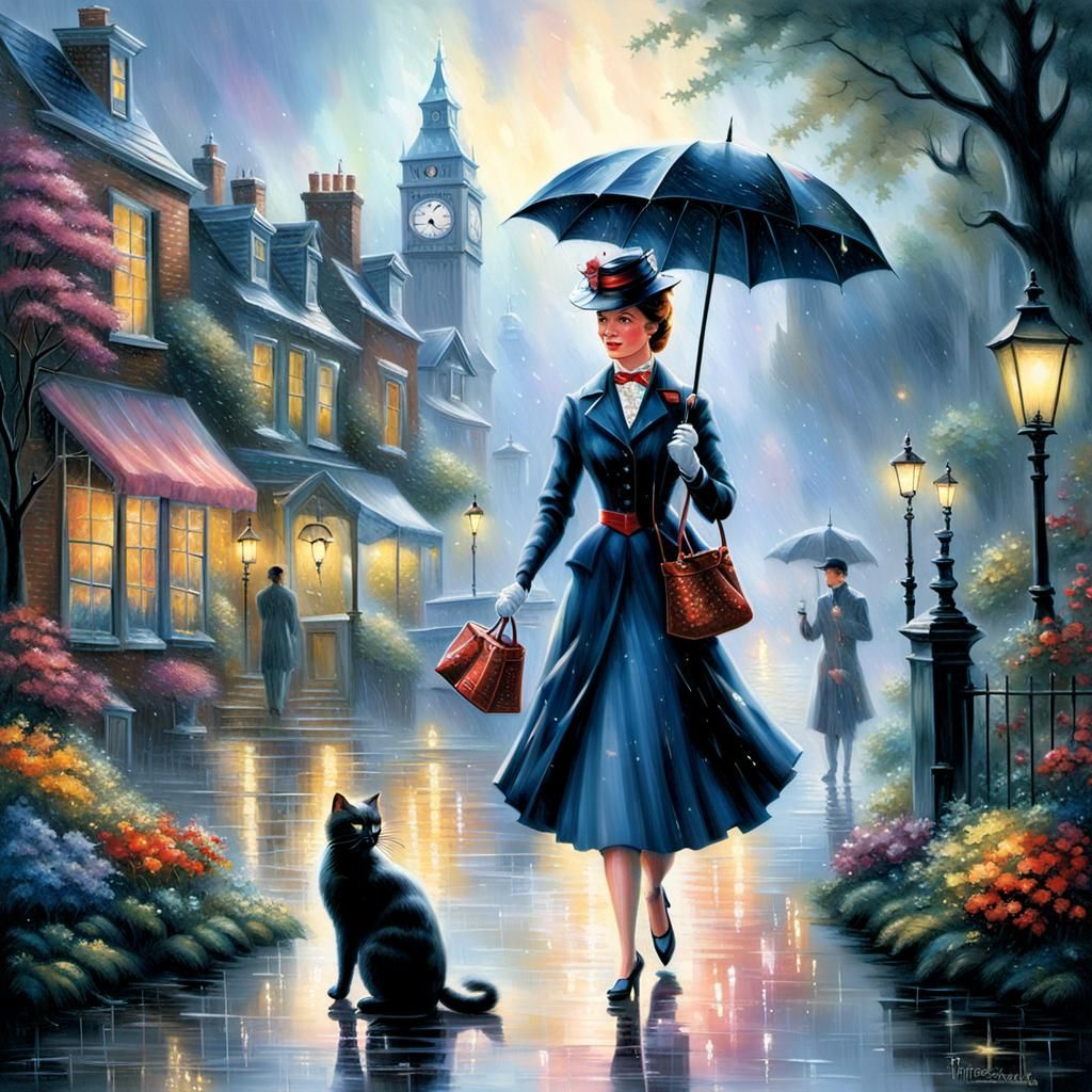 Mary Poppins in Magic Rain with Cat