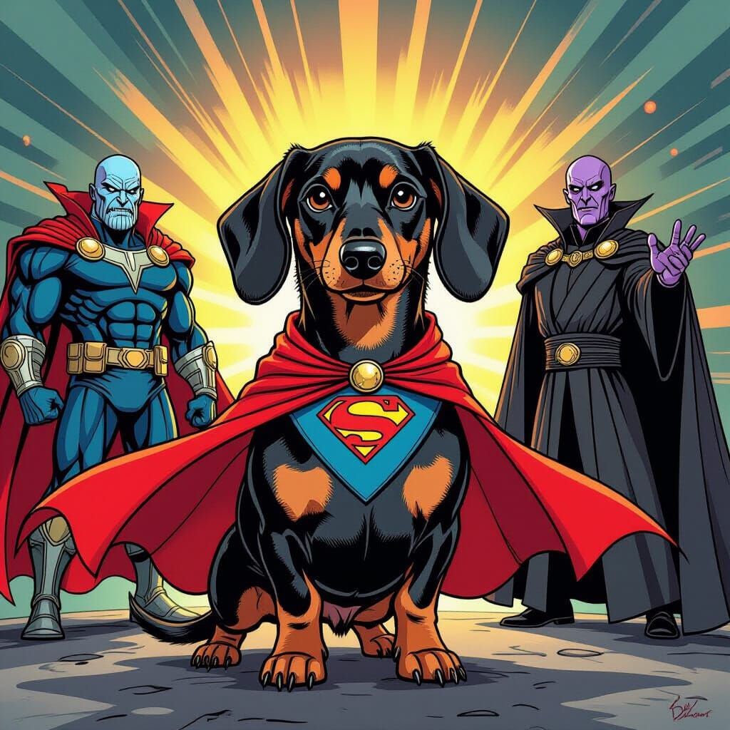Dachshund Superhero Confronts Villains in Cartoon Style
