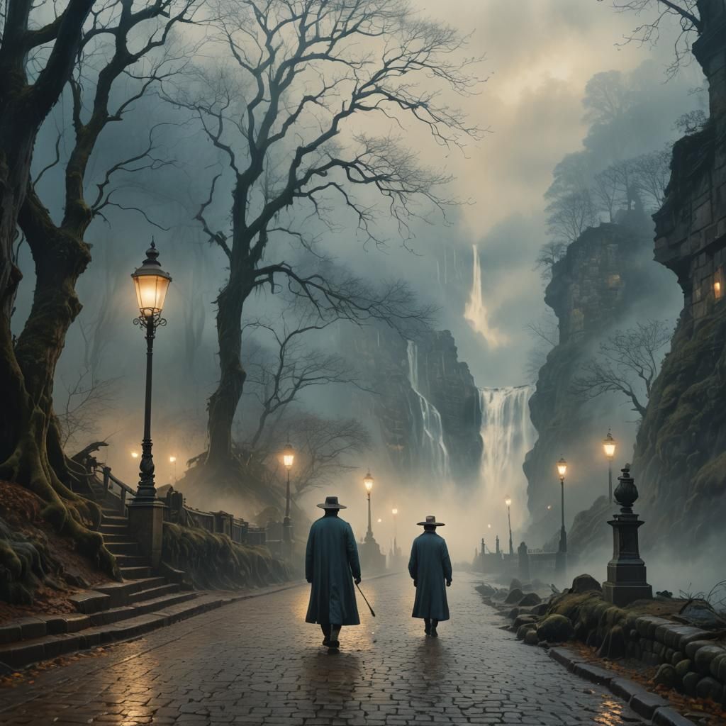 Misty Waterfall Scene with Figure in Gloomy Forest