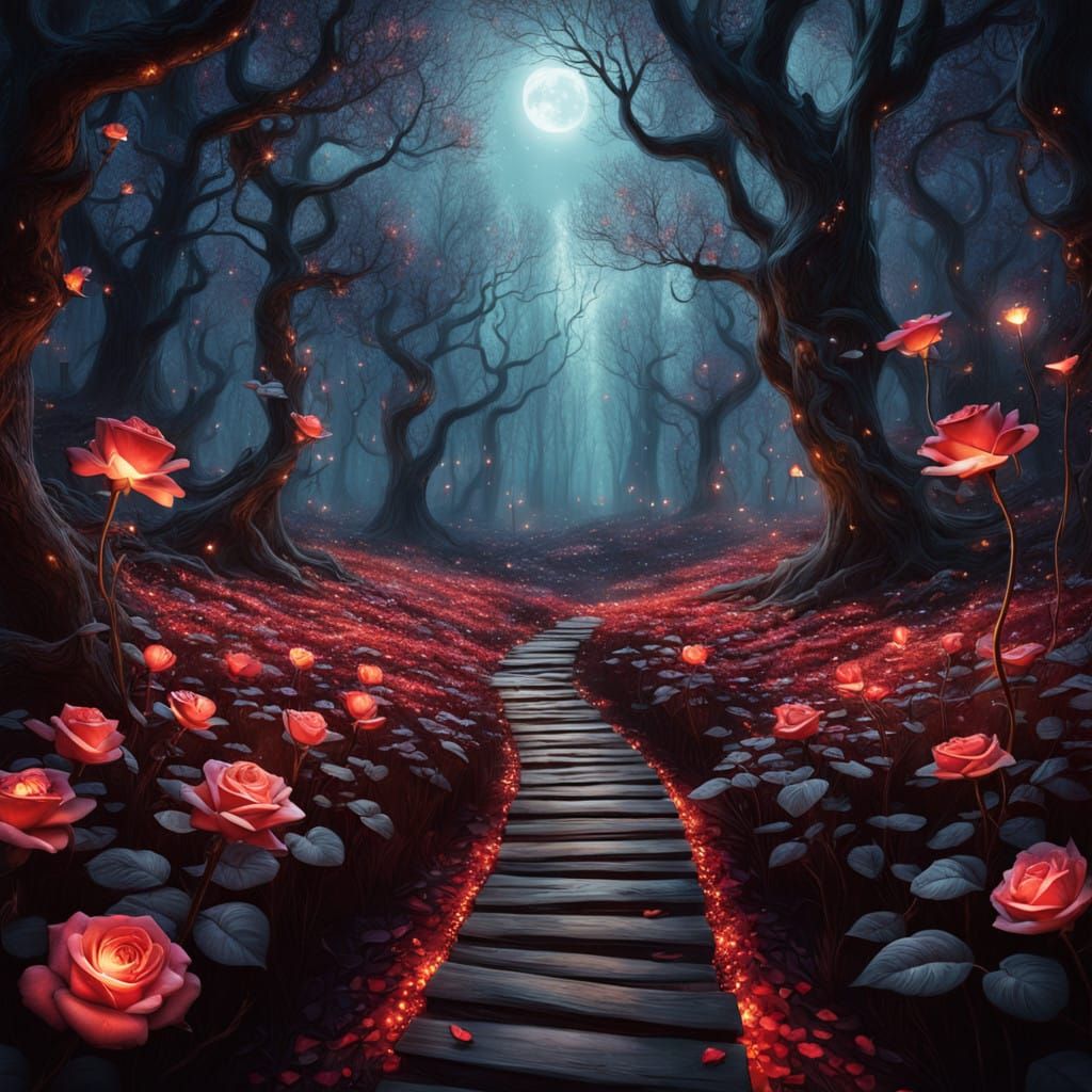 Surreal Forest Path Illuminated by Glowing Rose Petals