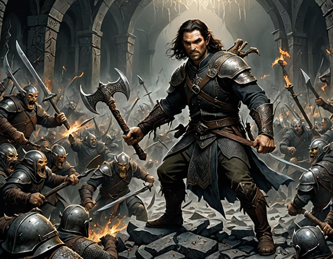 A dwarf prince from tolkiens middle-earth fighting a horde o...