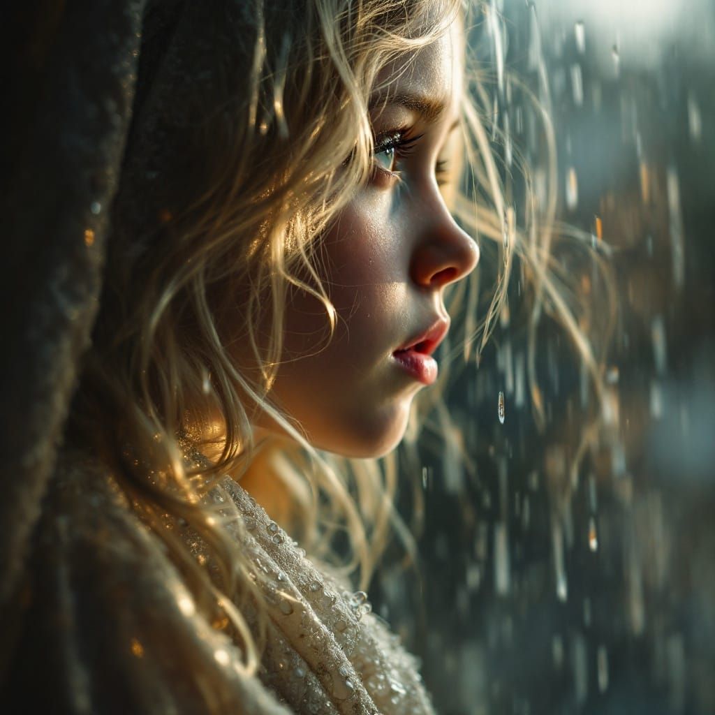 Surreal Rainy Girl Looks Out at Metamorphic Portal