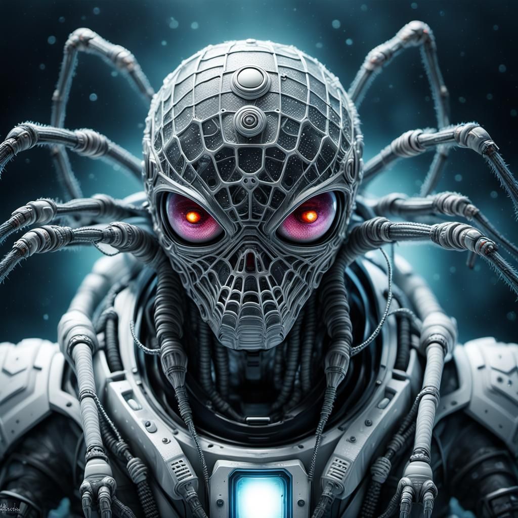 Alien Astronaut Spider in Web with Glowing Eyes
