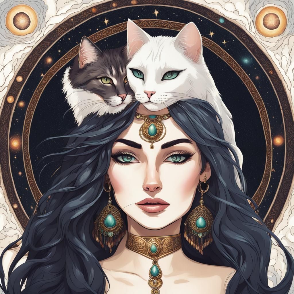 Shaman Woman and Cat Kiss Under Planets