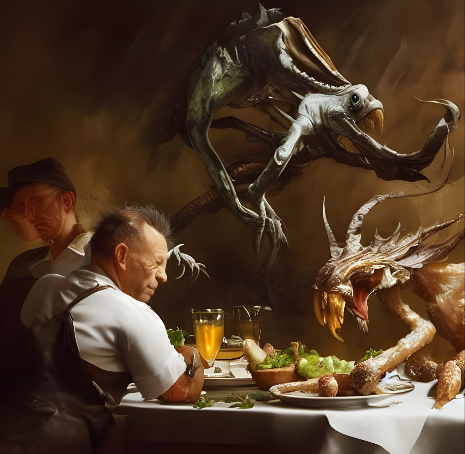 Waiter's Fresh Catch: Hyperreal Ornate Painting