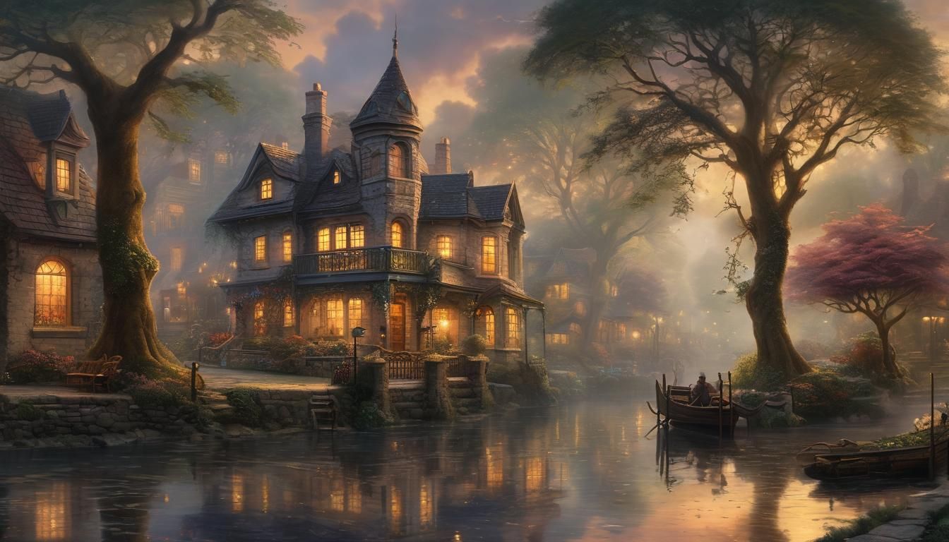 Ethereal Fantasy Scene in Golden Hour, Kinkade Style