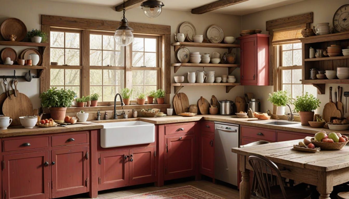 Warm Shabby Chic Country Kitchen in Bright Daylight