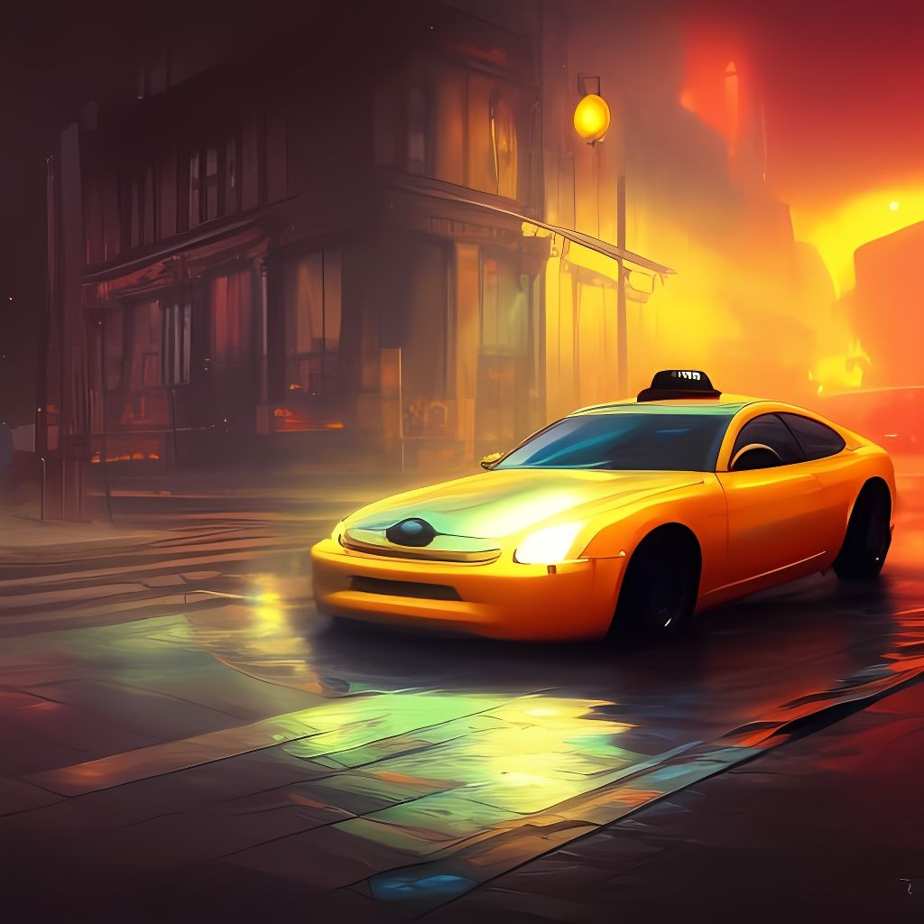 Surreal Cyberpunk Taxi Scene in Vibrant Triadic Colors