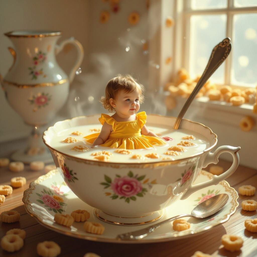 Child in Teacup Floating in Cereal Bowl, Digital Art