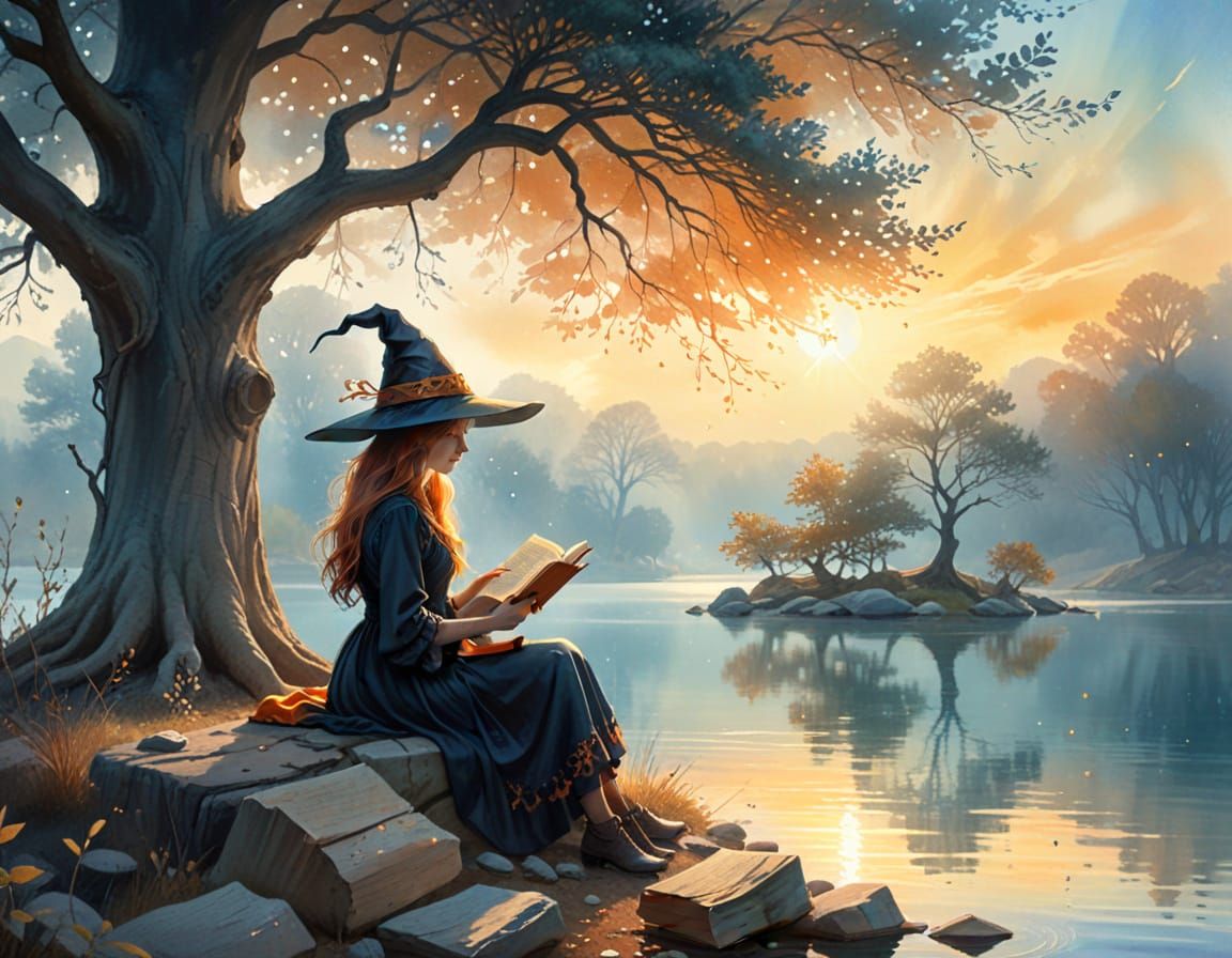 Whimsical Witch Reads by Lake in Watercolor Style