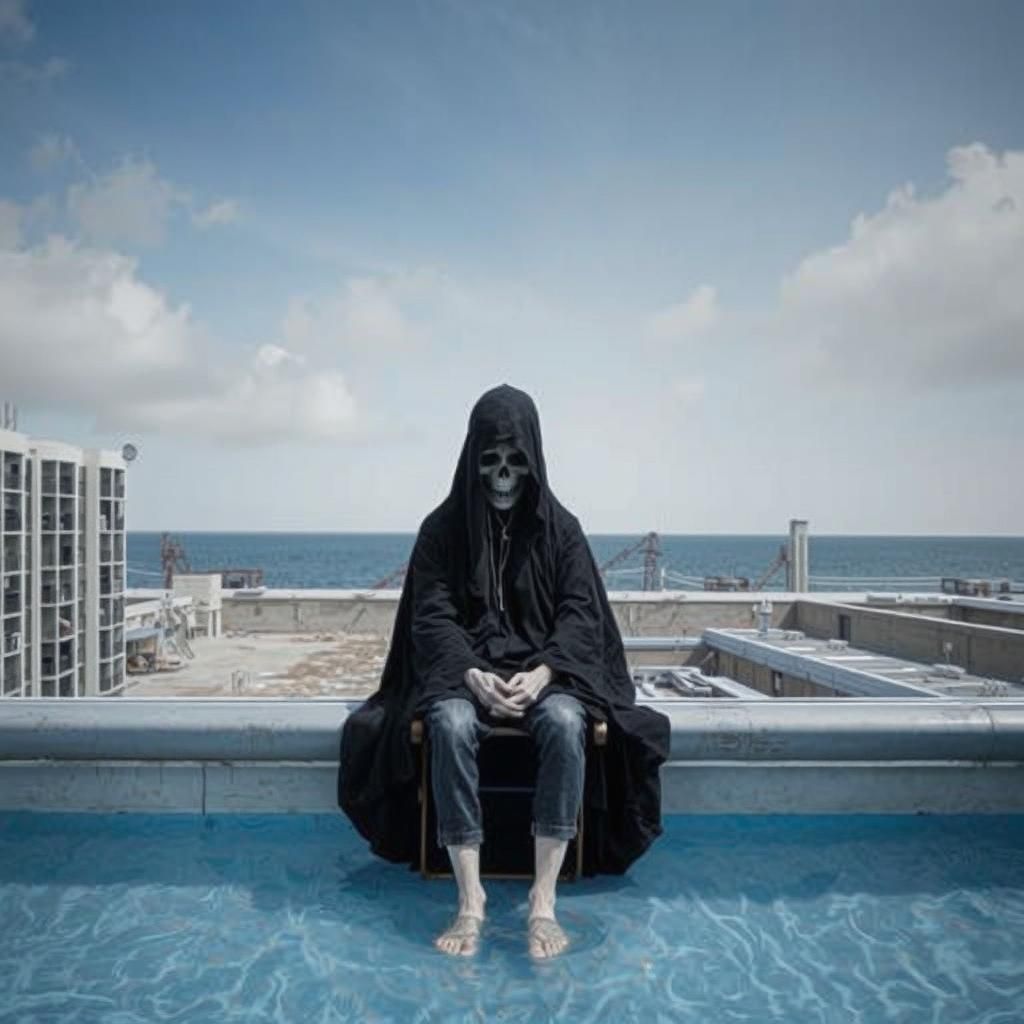 Grim Reaper's Rooftop Oasis: A Surreal Vision