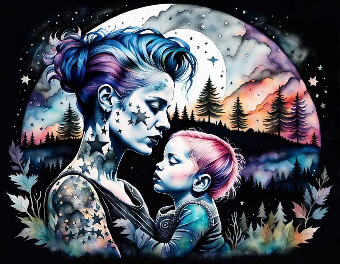Punk Woman with Child in Watercolor Impasto Style
