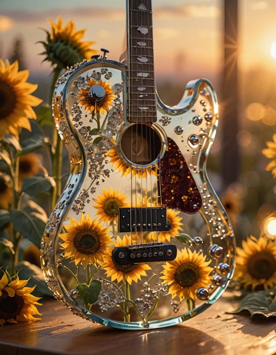 Sunflower Guitar in Glass: Hyperrealistic Photography