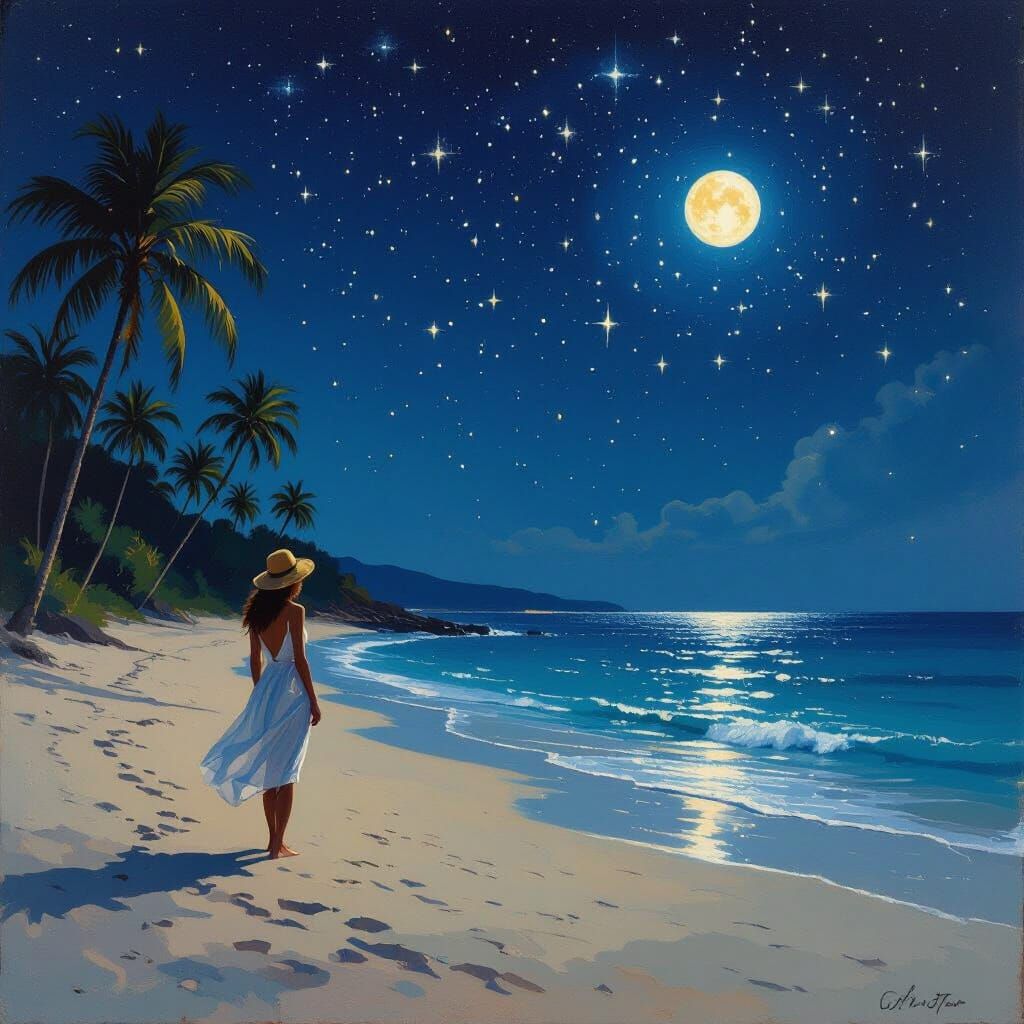 Person on Beach Under Starry Sky, Impressionist Style