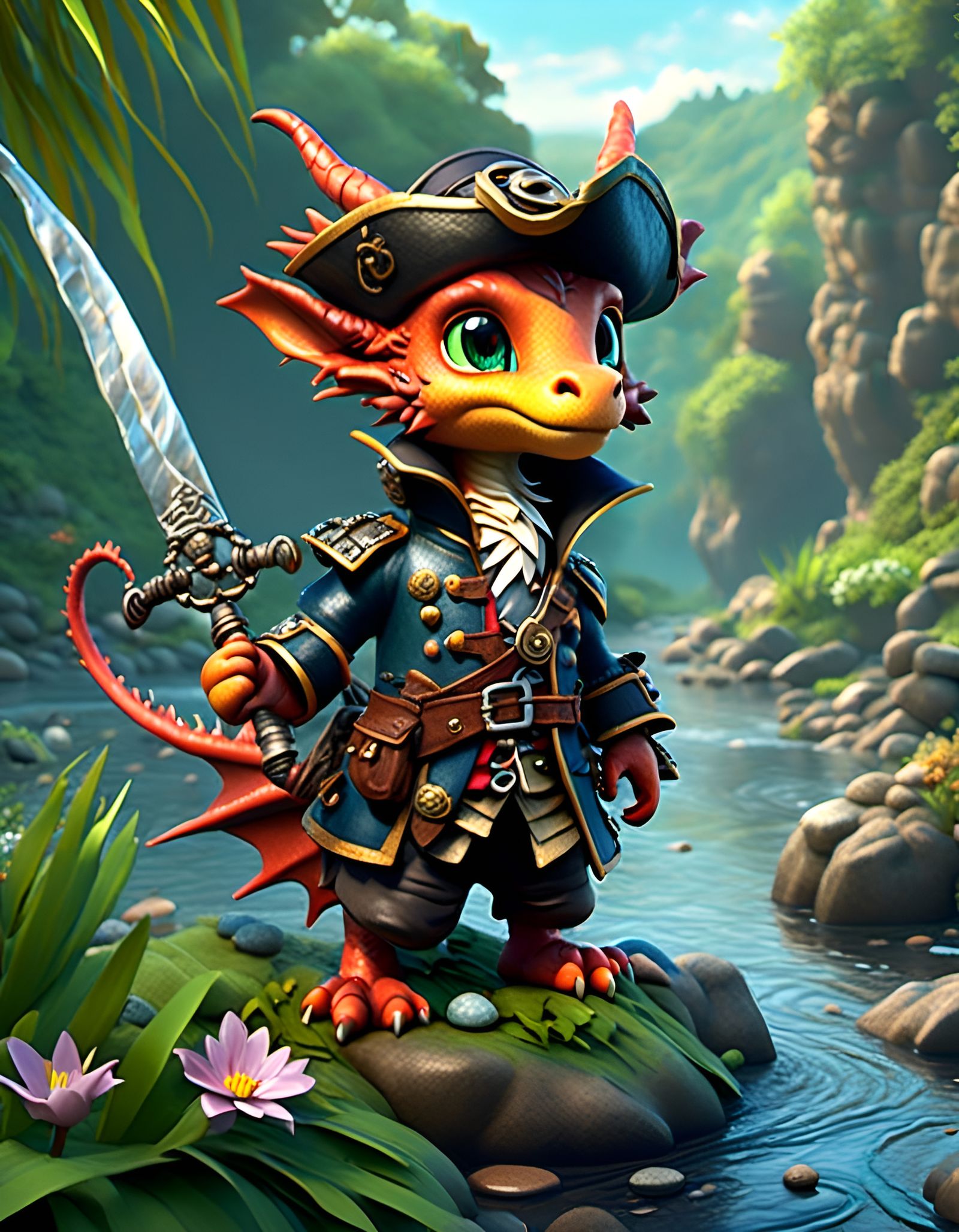 Chibi Dragon Pirate on the Riverbank: Fantasy Art