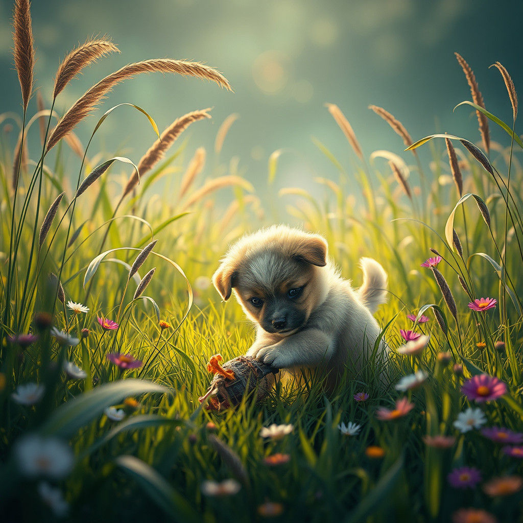 Puppy's Meadow Adventure: Dreamlike Digital Art