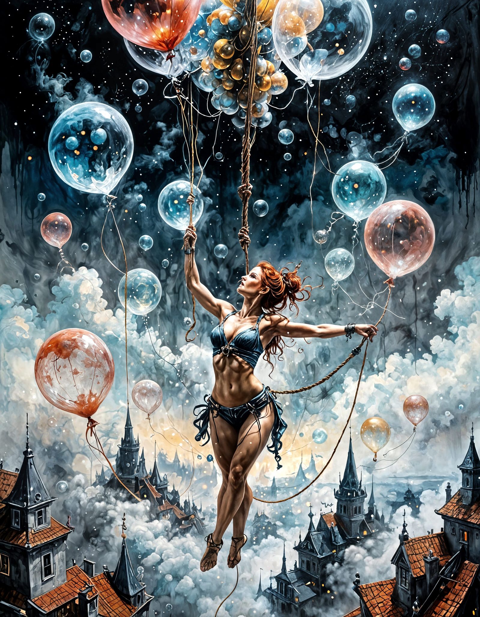 Acrobat in Starry Sky: Hyperdetailed Ink Painting