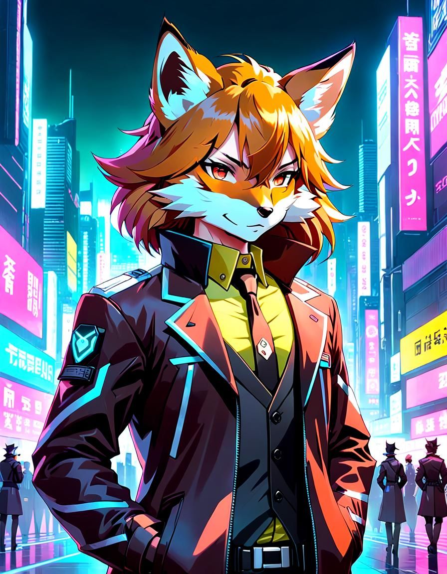 Cyberpunk Fox Spy in Anime Style