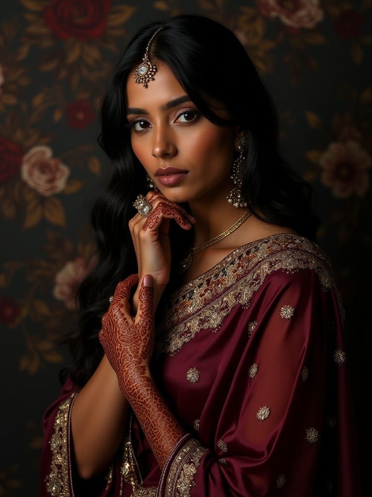 Elegant Indian Woman in Burgundy Sari against Dark Floral Ba...