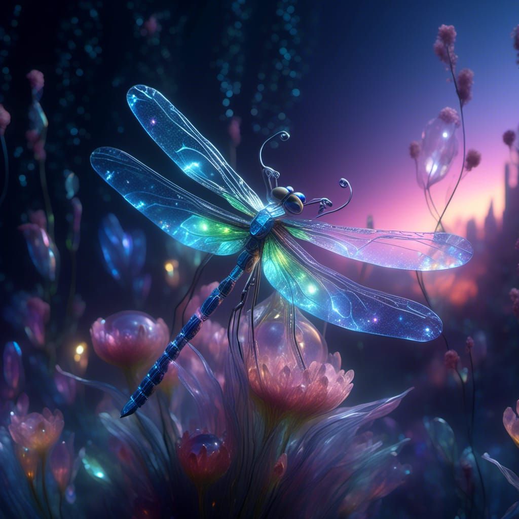 Bioluminescent Dragonfly on Stardust Flower