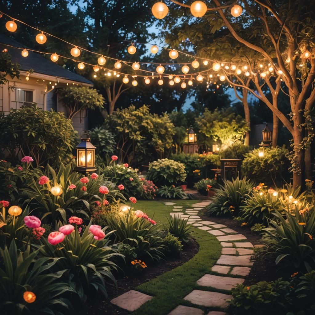 Magical Garden Nightscape with Colorful Lights
