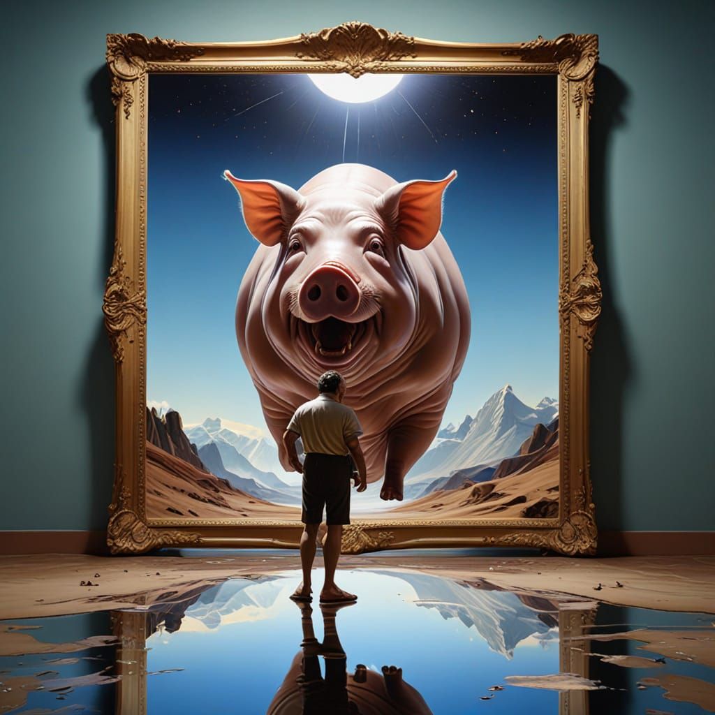 Surreal Pig-Headed Man Confronts Mirror in Oil Painting